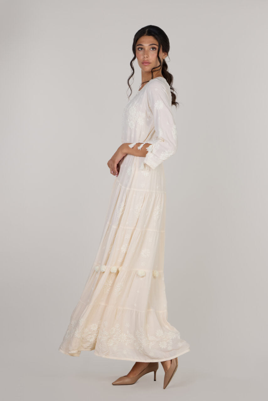 Pop-Pom fit & flare Long Dress