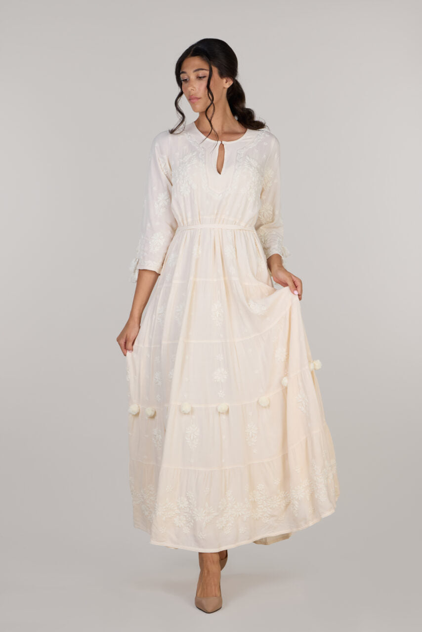 Pop-Pom fit & flare Long Dress