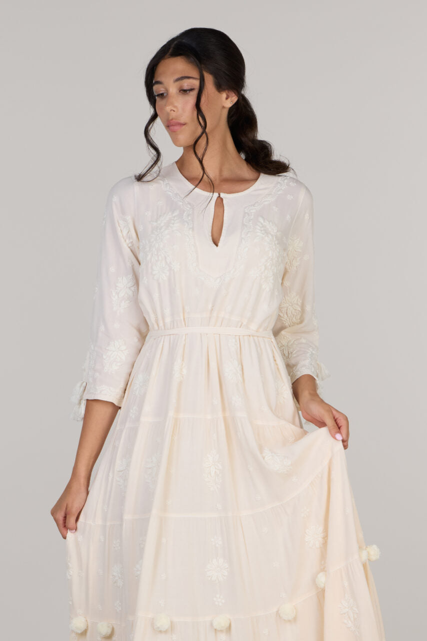 Pop-Pom fit & flare Long Dress