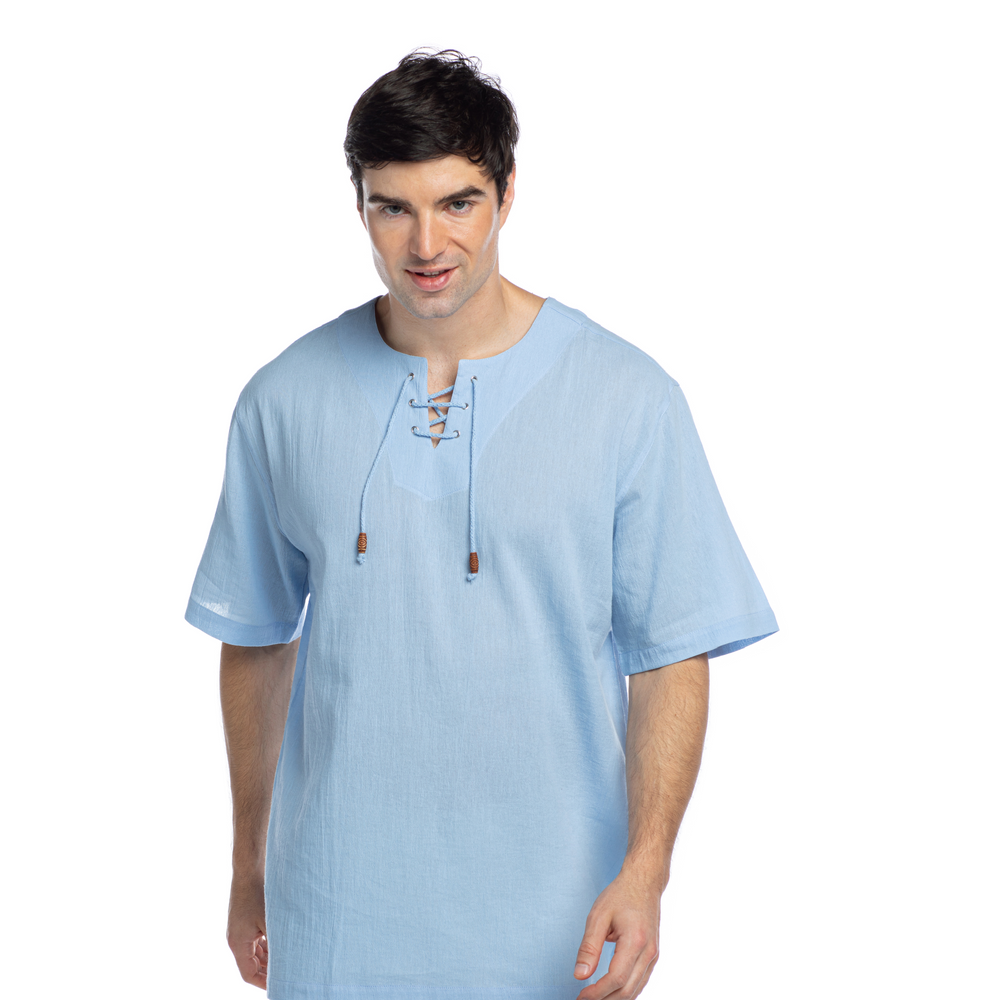 Crew V-Neck String T-Shirt - Short Sleeve-Ice Blue