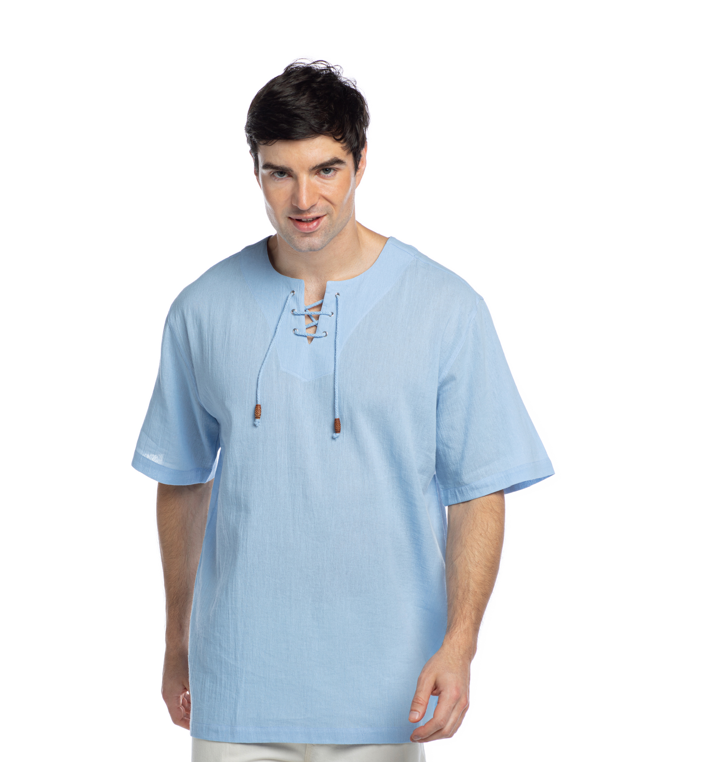 Crew V-Neck String T-Shirt - Short Sleeve-Ice Blue