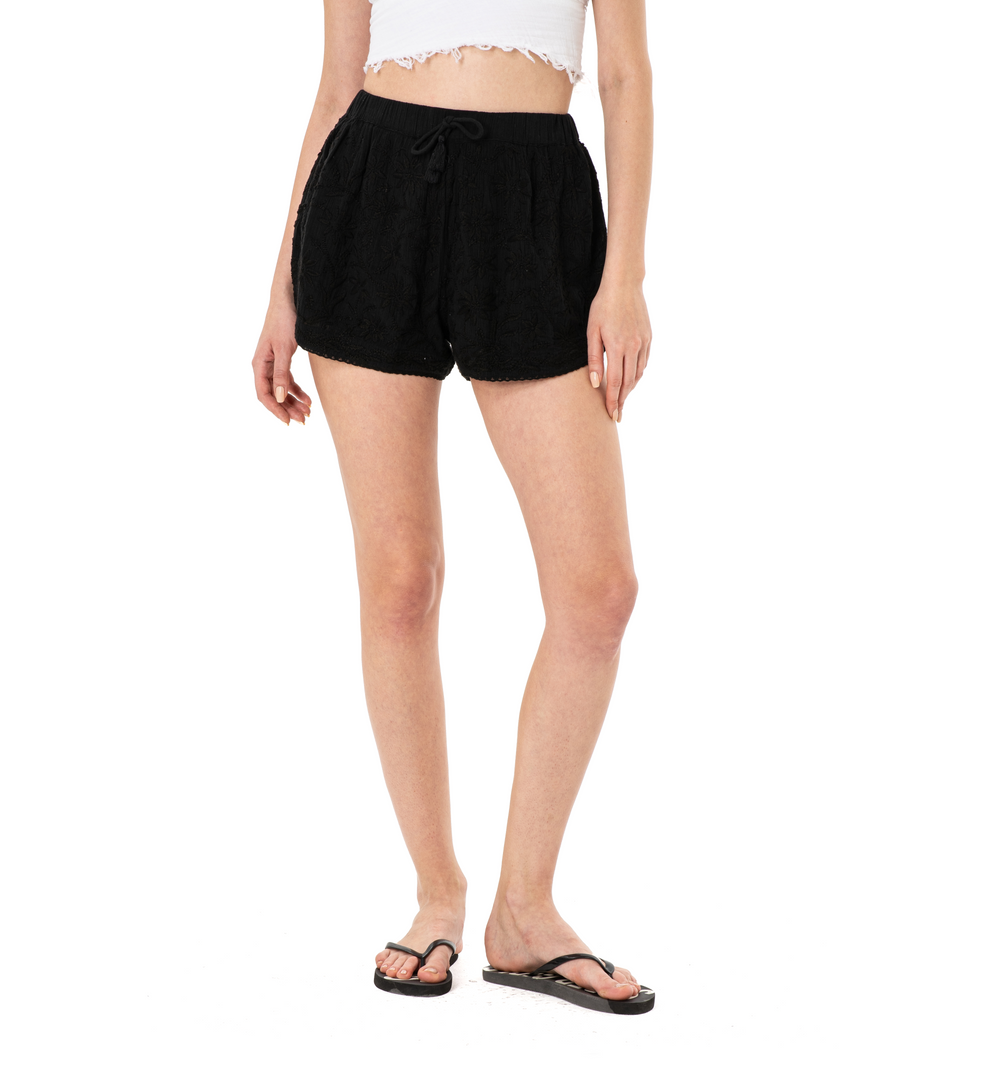 Hand Embroidered Cotton Shorts-Black