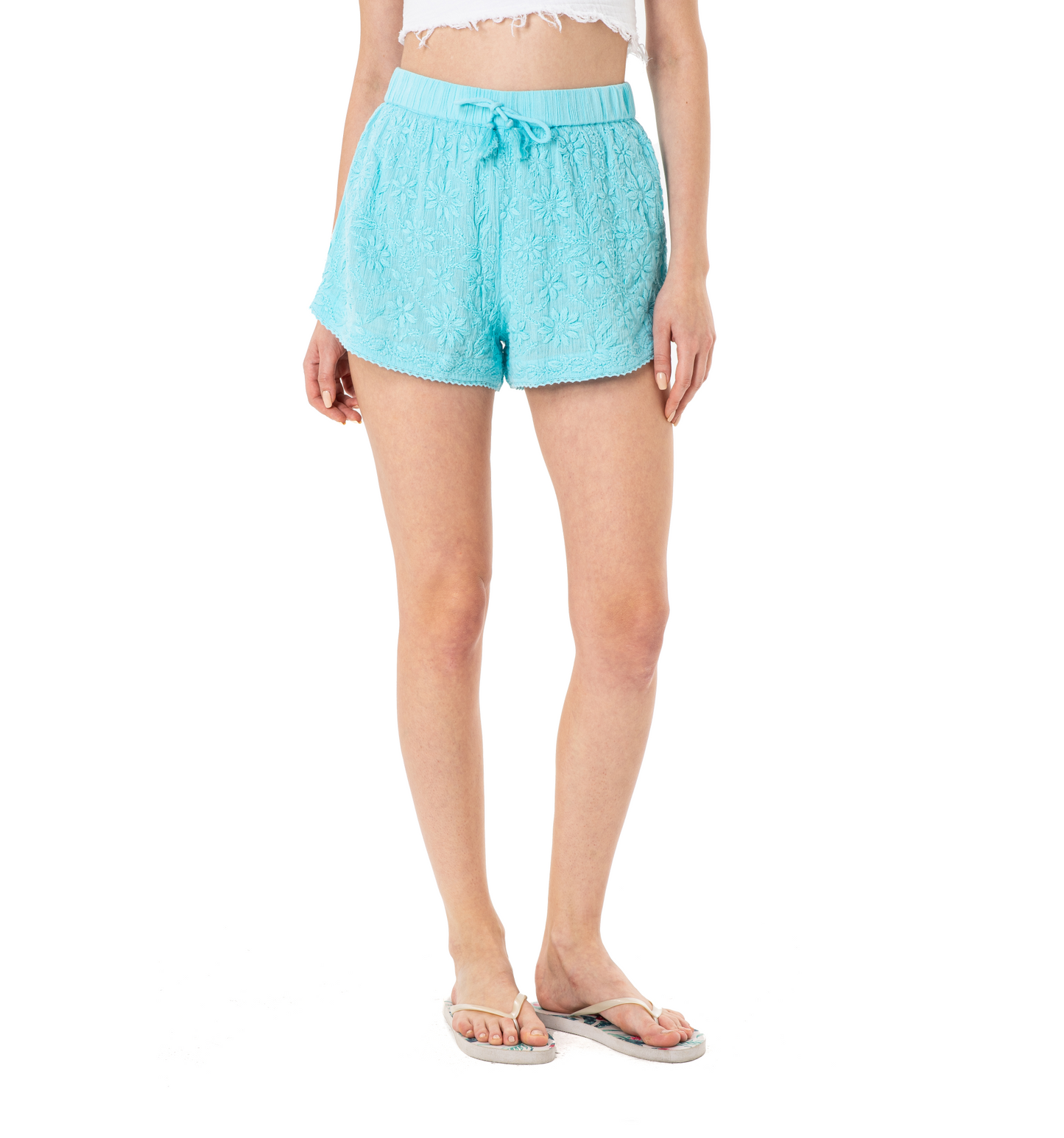 Hand Embroidered Cotton Shorts-Light Turquoise